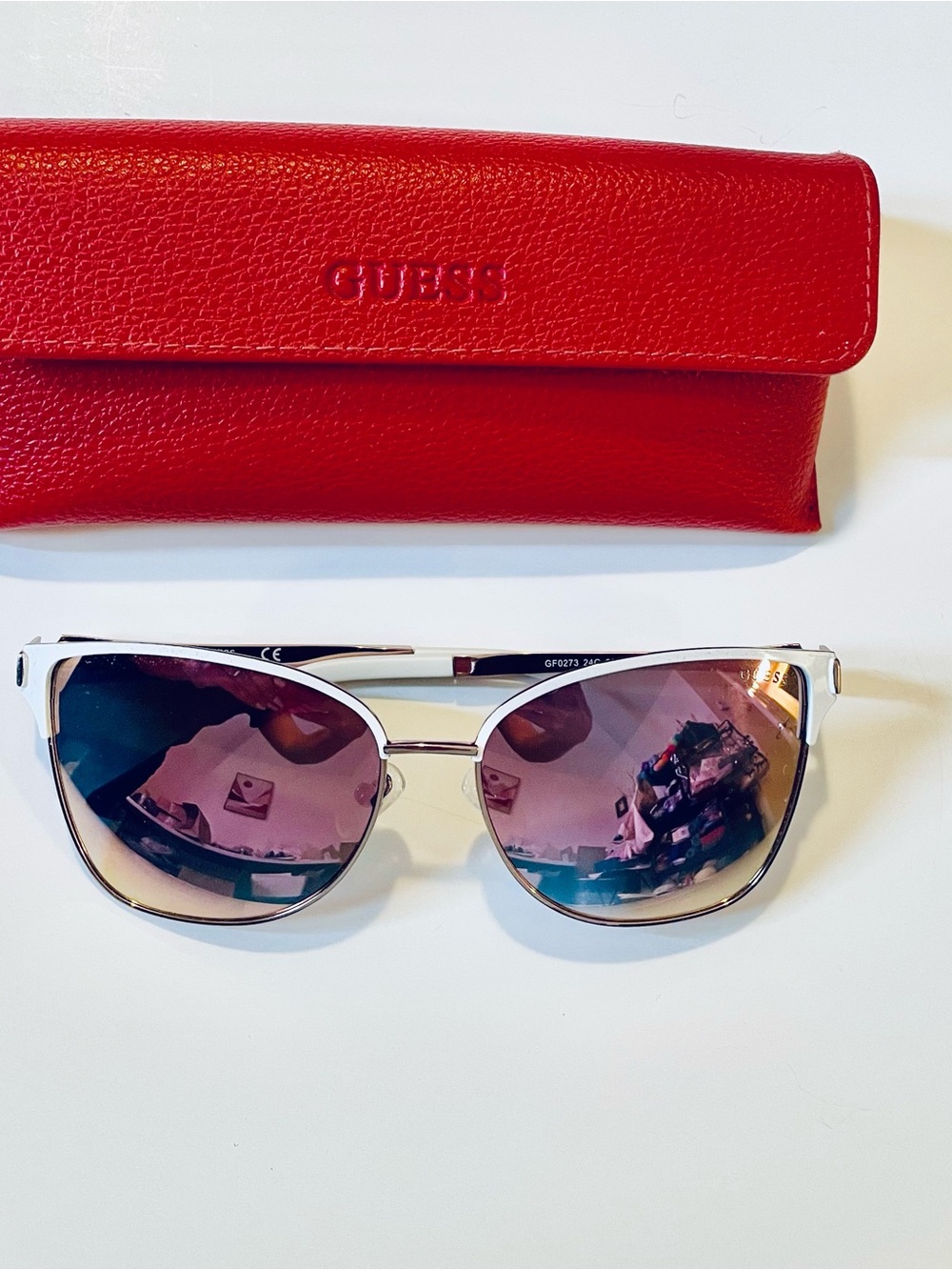 GUESS Red Case with Silver-Frame Mirrored Sunglasses